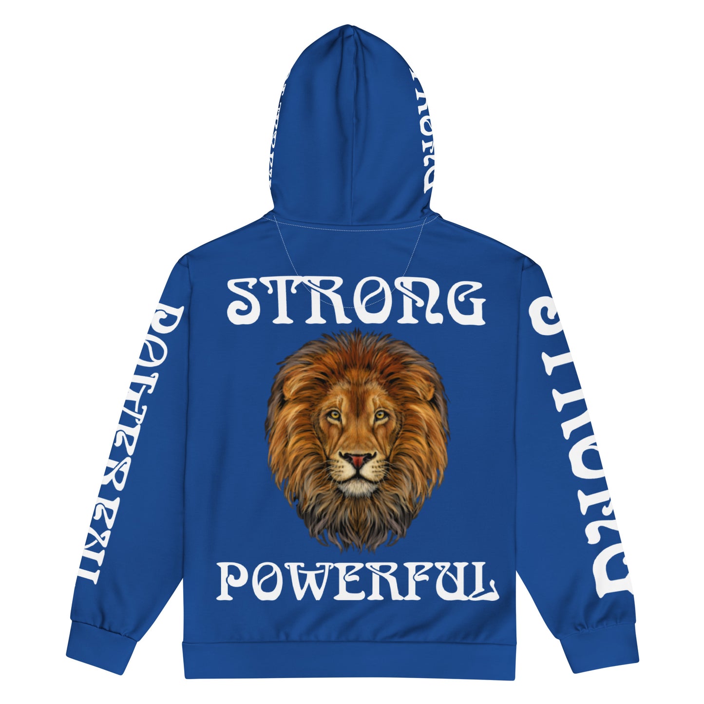 “STRONG,POWERFUL”Blue Unisex Zip Hoodie W/White Font