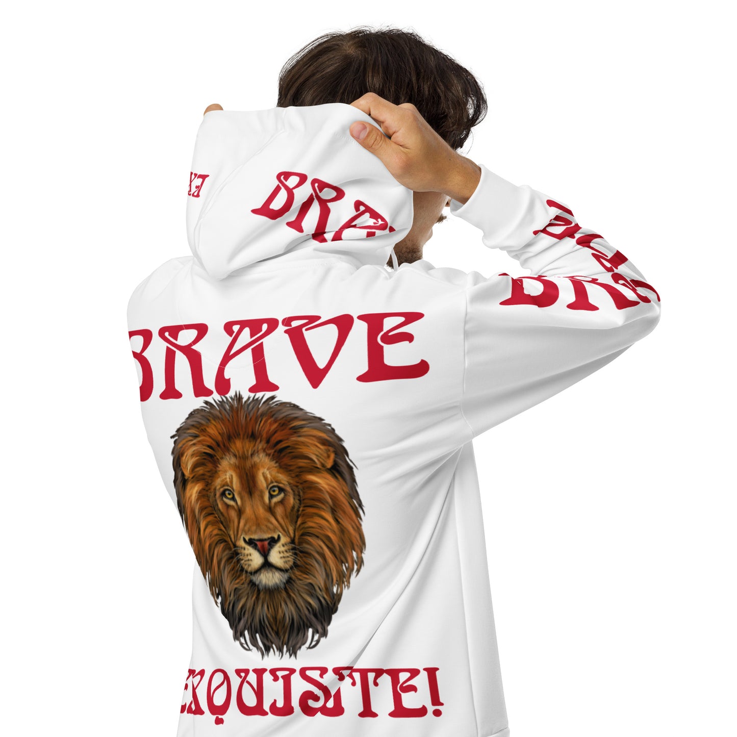 “BRAVE,EXQUISITE”White Unisex Zip Hoodie W/Red Font