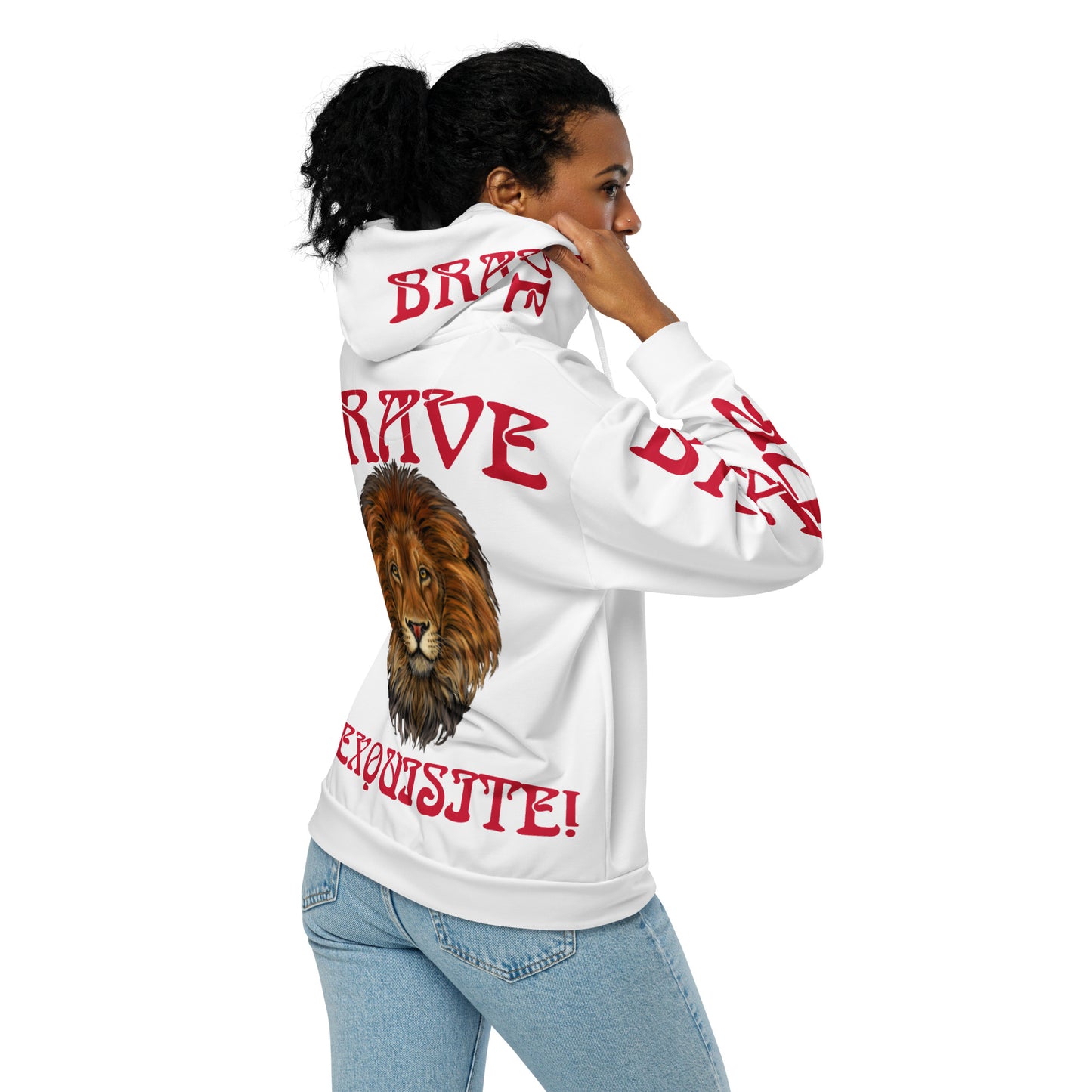“BRAVE,EXQUISITE”White Unisex Zip Hoodie W/Red Font