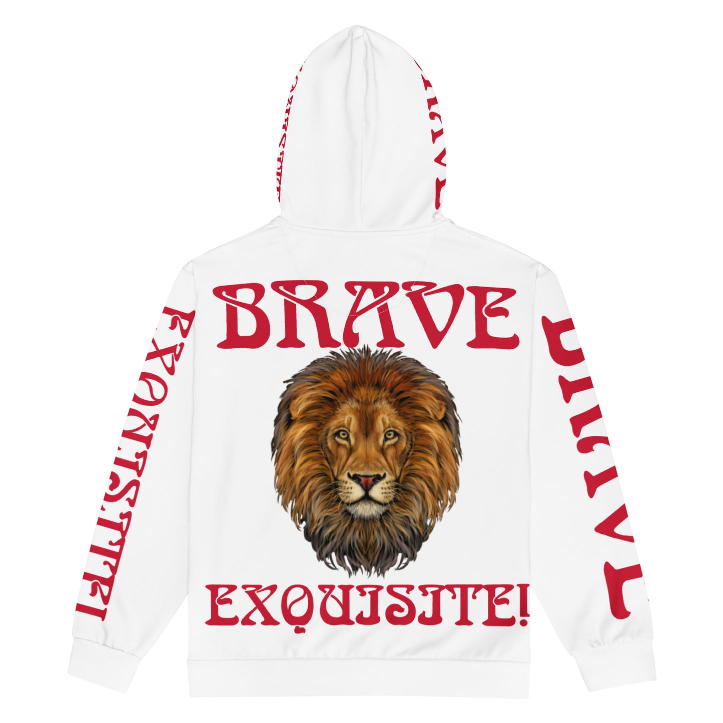 “BRAVE,EXQUISITE”White Unisex Zip Hoodie W/Red Font