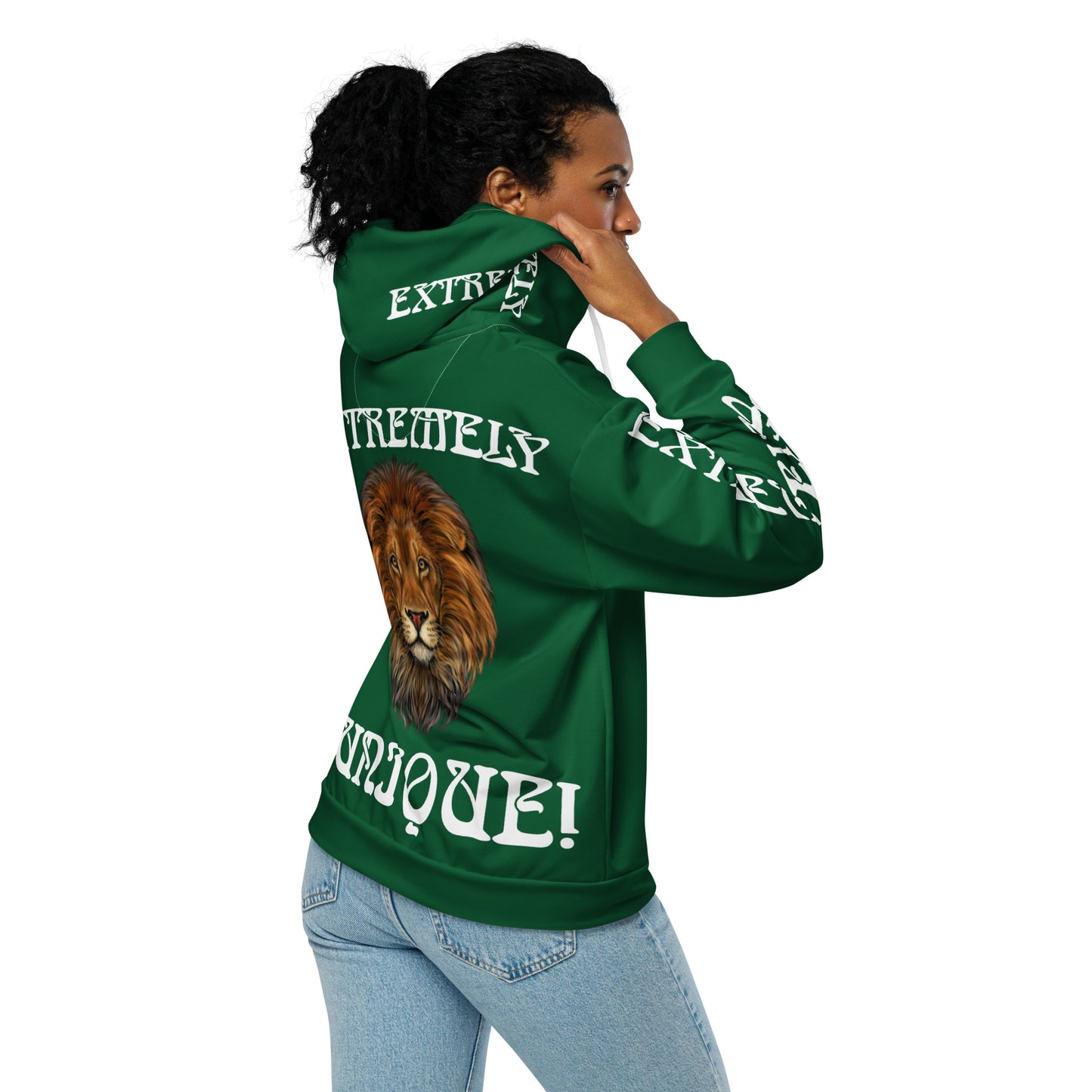 “EXTREMELY UNIQUE!”Green Unisex Zip Hoodie W/White Font