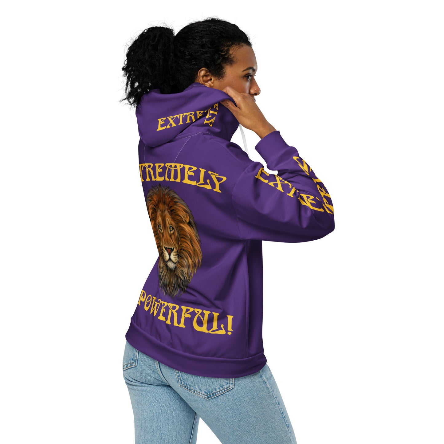 “EXTREMELY POWERFUL!”Purple Unisex Zip Hoodie W/Yellow Font