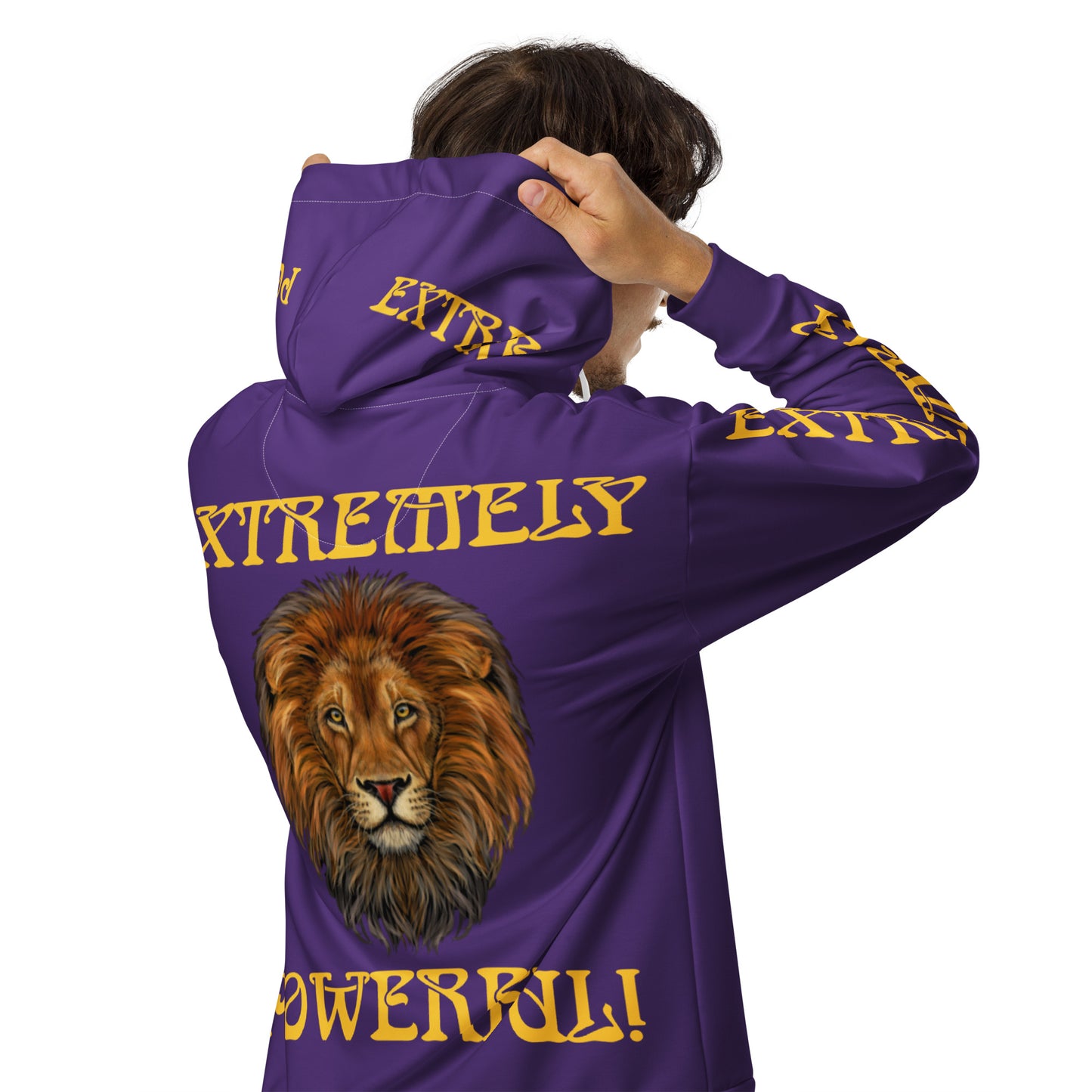 “EXTREMELY POWERFUL!”Purple Unisex Zip Hoodie W/Yellow Font