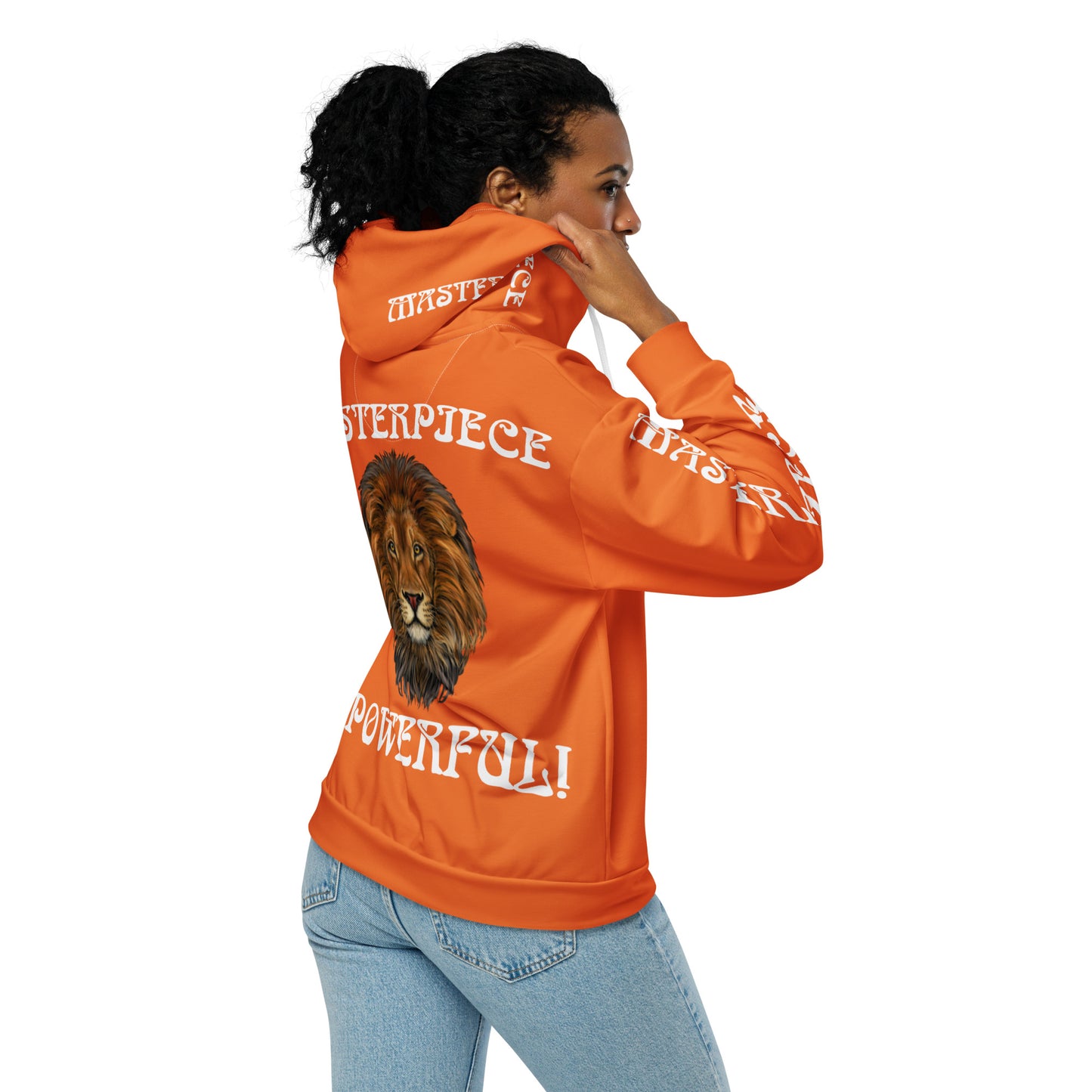 “MASTERPIECE,POWERFUL!”Orange Unisex Zip Hoodie W/White Font