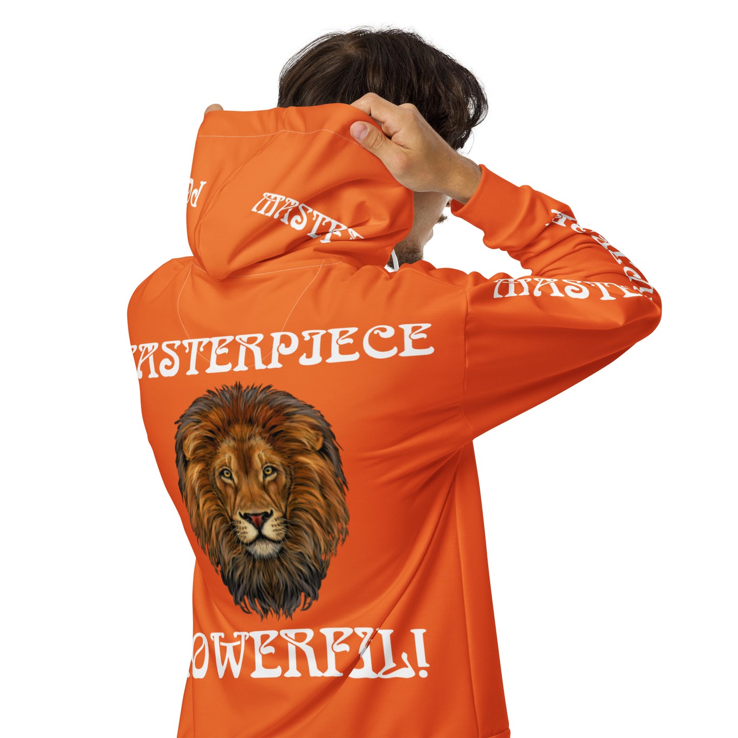 “MASTERPIECE,POWERFUL!”Orange Unisex Zip Hoodie W/White Font