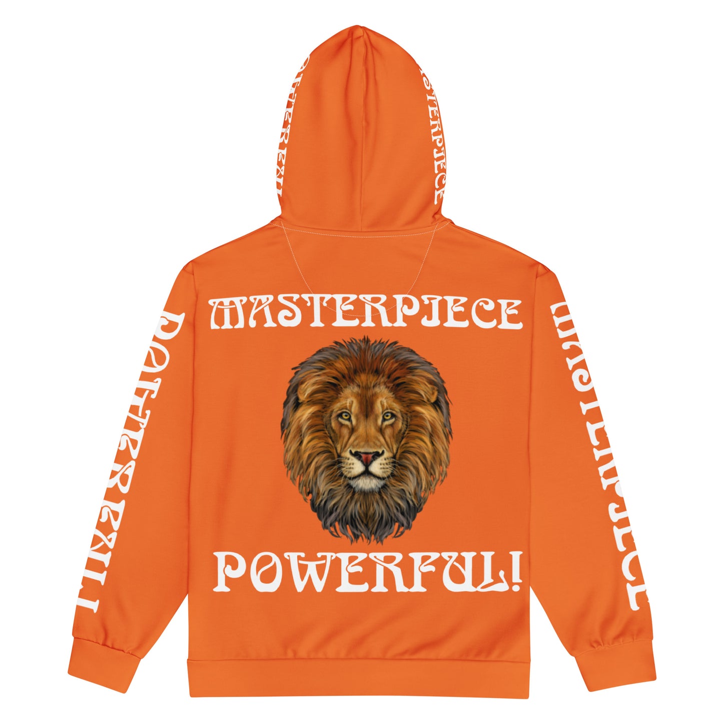 “MASTERPIECE,POWERFUL!”Orange Unisex Zip Hoodie W/White Font