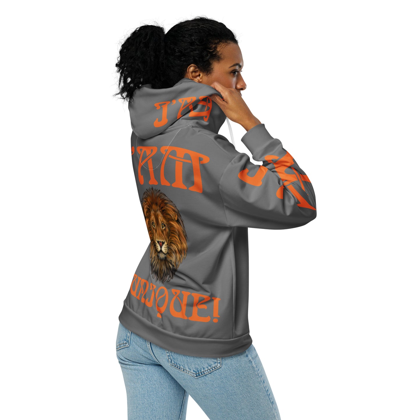 “I’AM UNIQUE!”Grey Unisex Zip Hoodie W/Orange Font