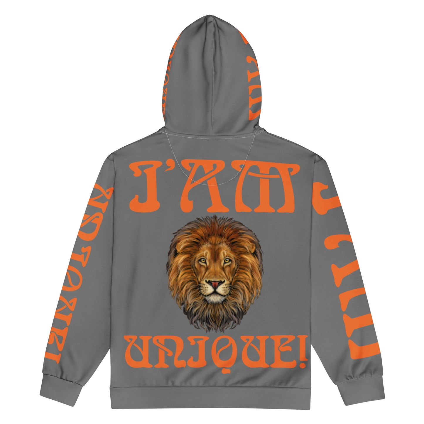 “I’AM UNIQUE!”Grey Unisex Zip Hoodie W/Orange Font