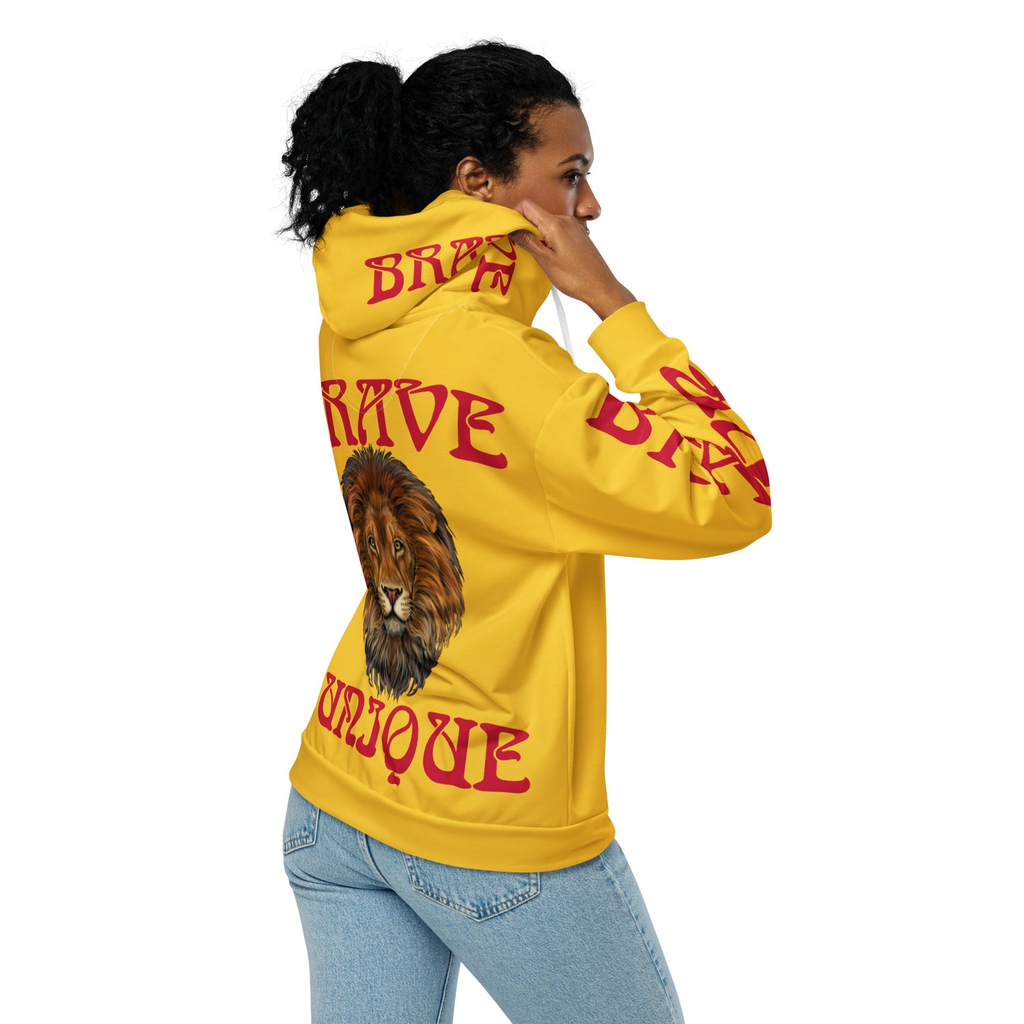 “BRAVE,UNIQUE!”Yellow Unisex Zip Hoodie W/Red Font