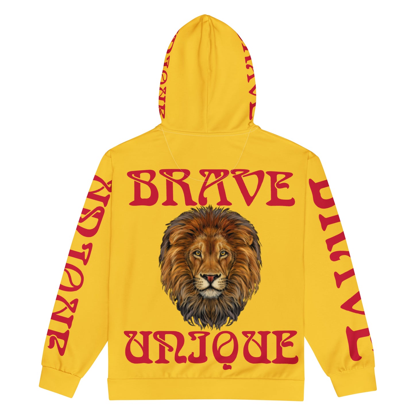 “BRAVE,UNIQUE!”Yellow Unisex Zip Hoodie W/Red Font