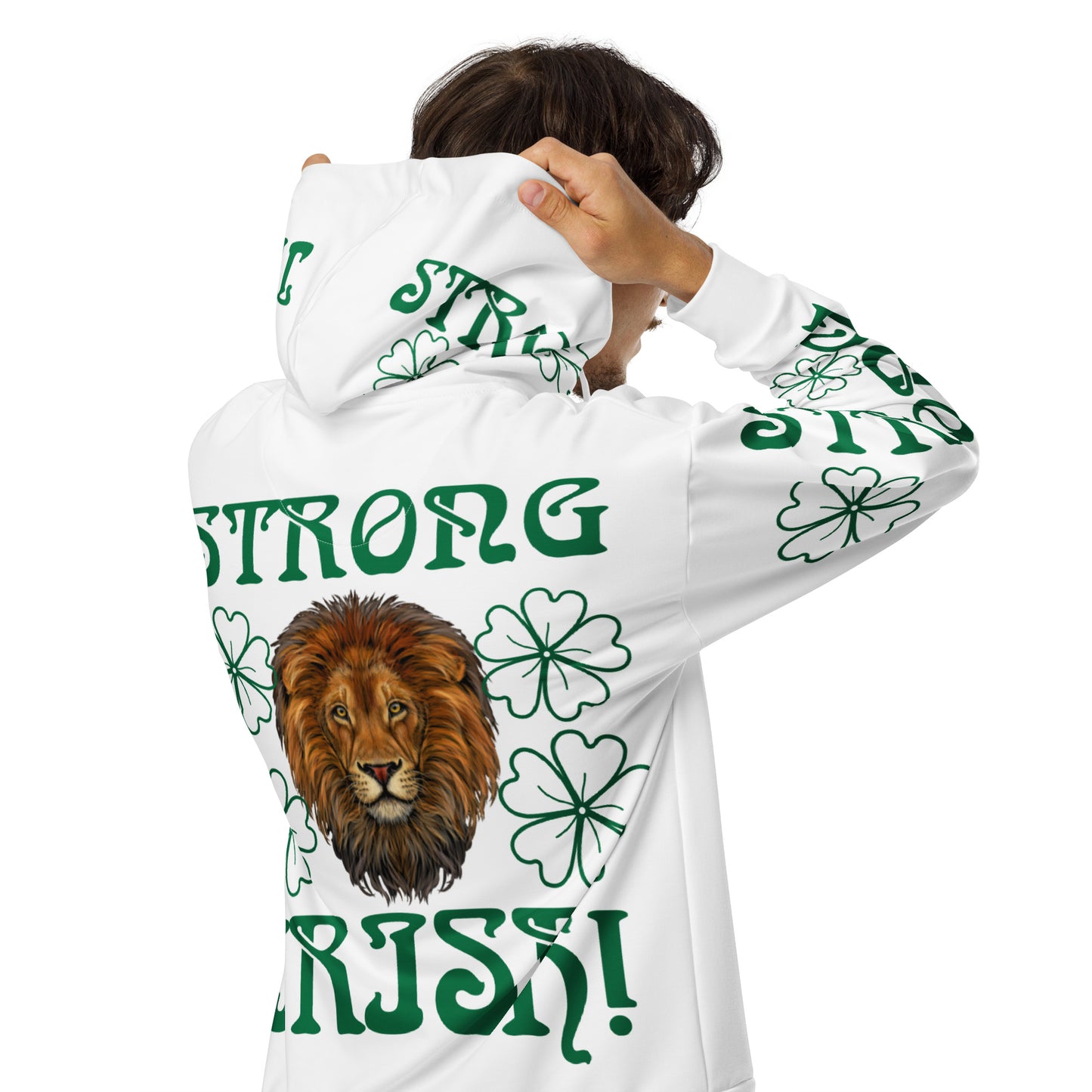 “STRONG,IRISH”White Unisex Zip Hoodie W/Green Font