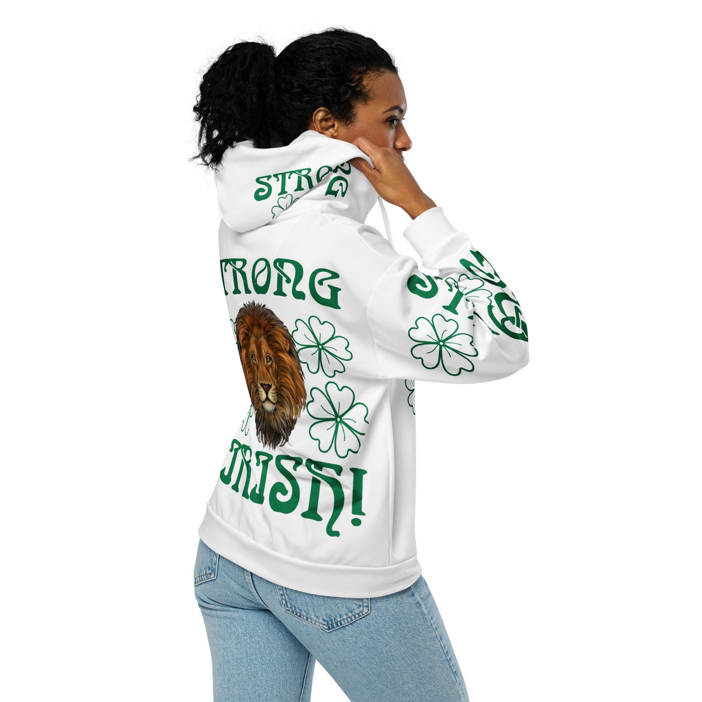 “STRONG,IRISH”White Unisex Zip Hoodie W/Green Font