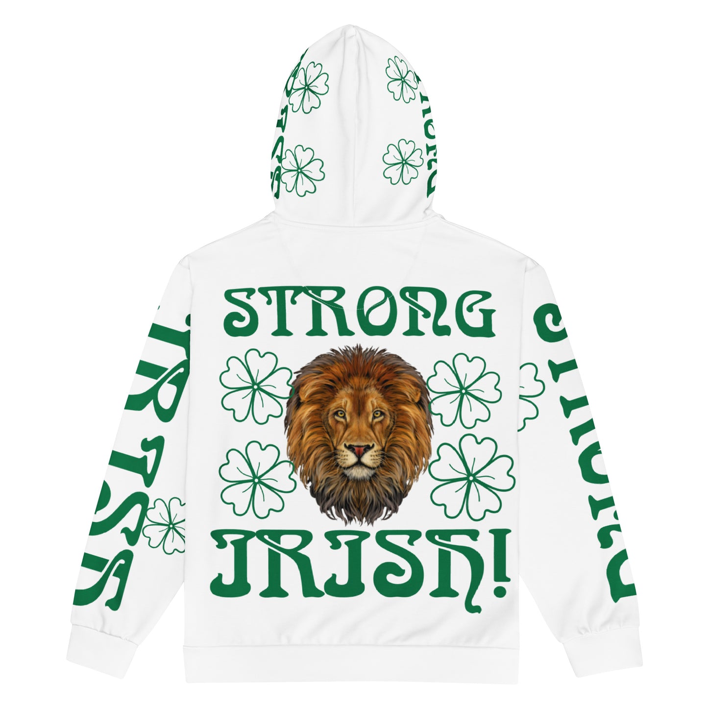 “STRONG,IRISH”White Unisex Zip Hoodie W/Green Font