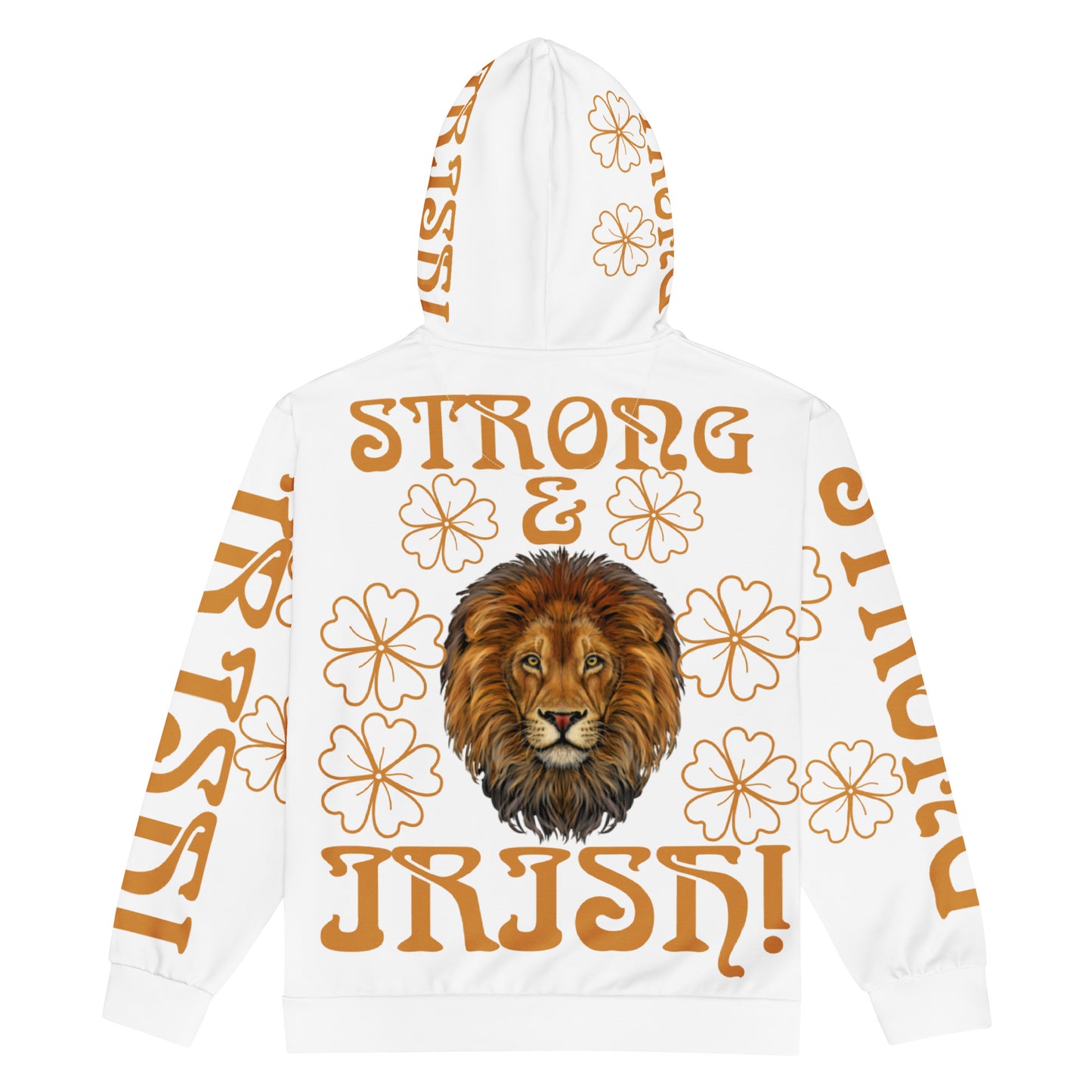 “STRONG,IRISH!”White Unisex Zip Hoodie W/Bronze Font