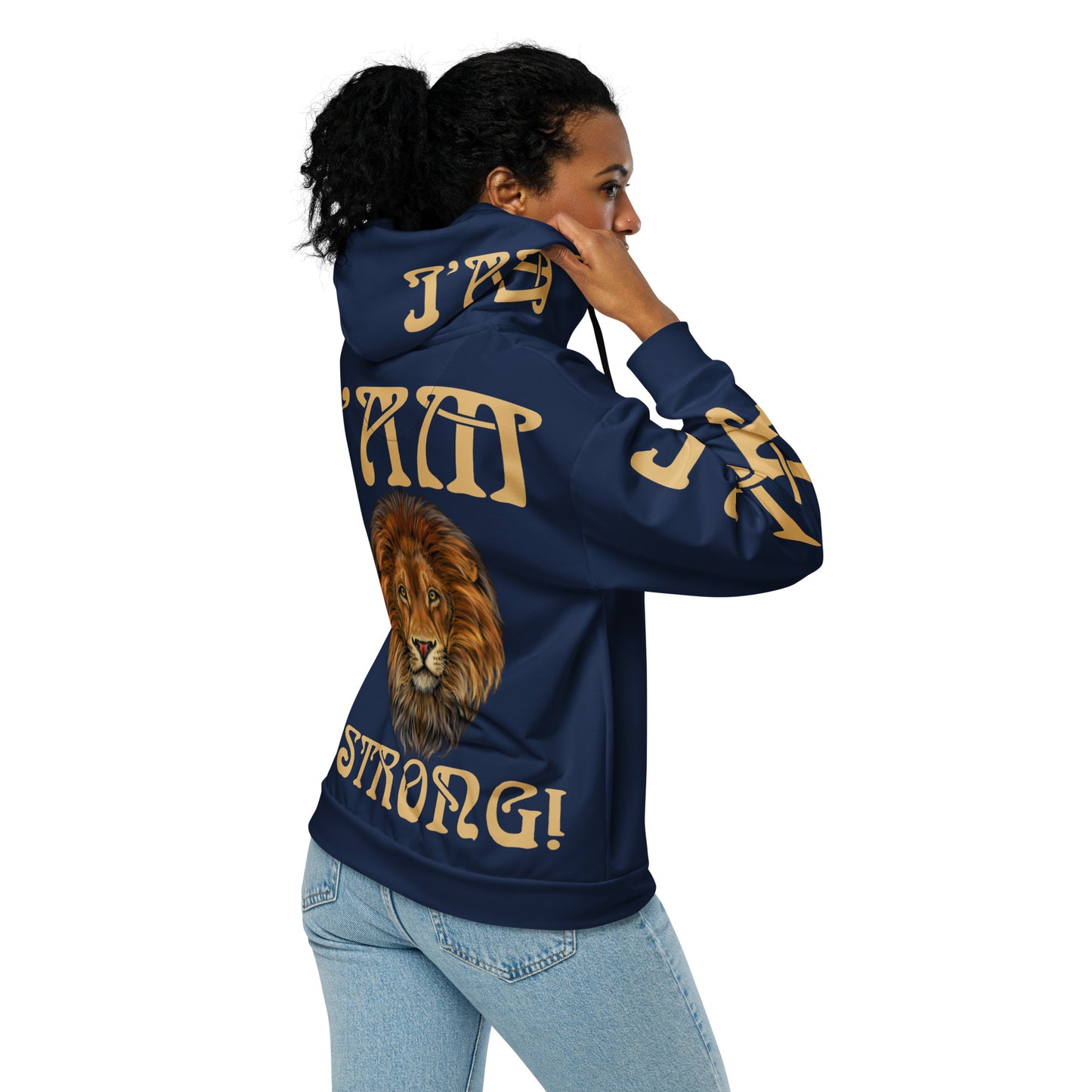 “I’AM STRONG!”Navy Unisex Zip Hoodie W/Fawn Font