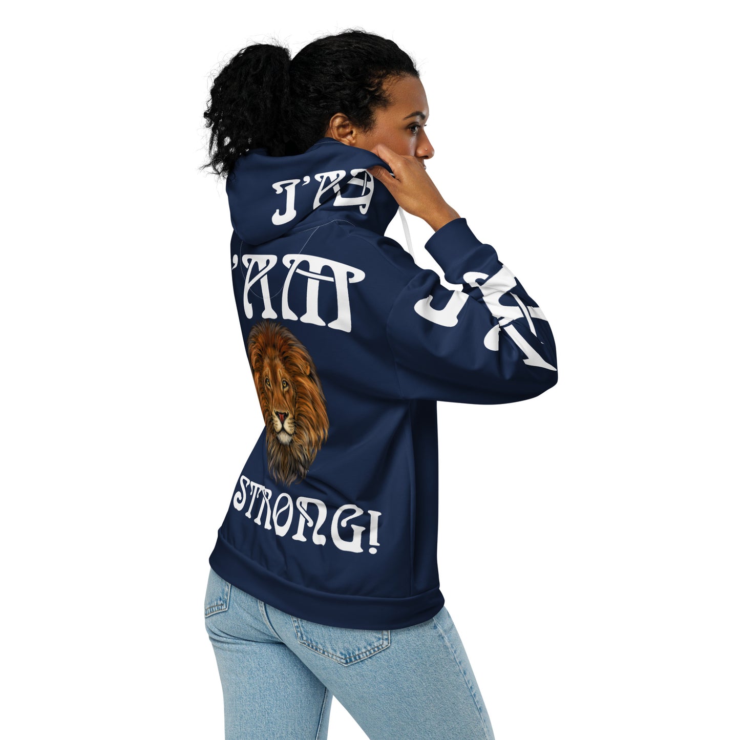 “I’AM STRONG!”Navy Unisex Zip Hoodie W/White Font