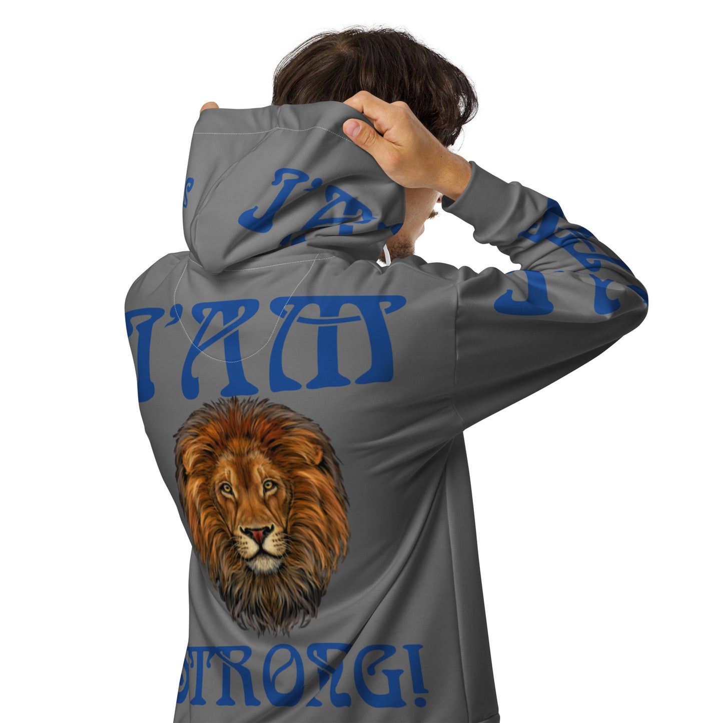 “I’AM STRONG!”Grey Unisex Zip Hoodie W/Blue Font