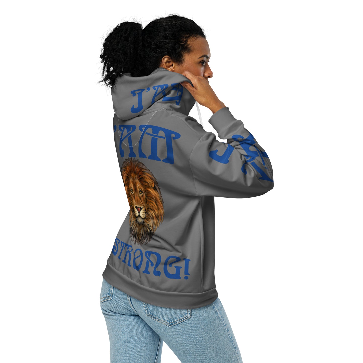 “I’AM STRONG!”Grey Unisex Zip Hoodie W/Blue Font