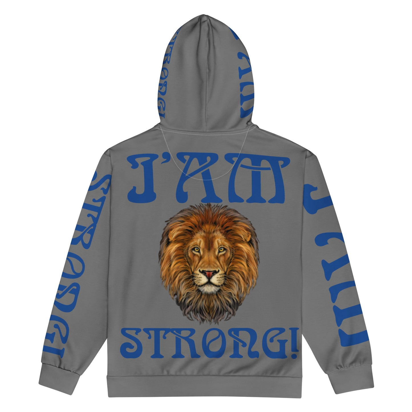 “I’AM STRONG!”Grey Unisex Zip Hoodie W/Blue Font