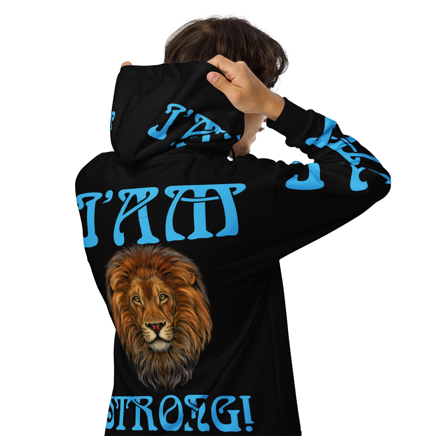 “I’AM STRONG!” Black Unisex Zip Hoodie W/SkyBlue Font