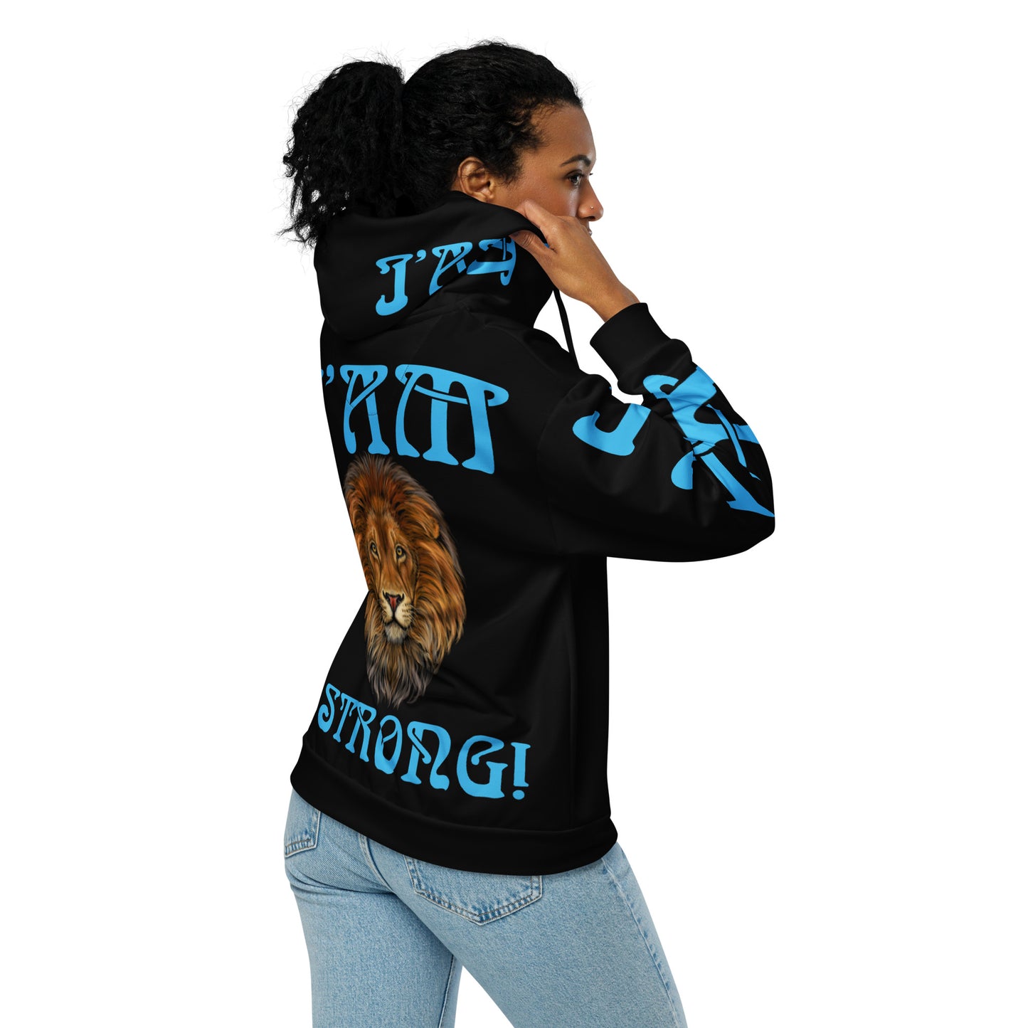 “I’AM STRONG!” Black Unisex Zip Hoodie W/SkyBlue Font