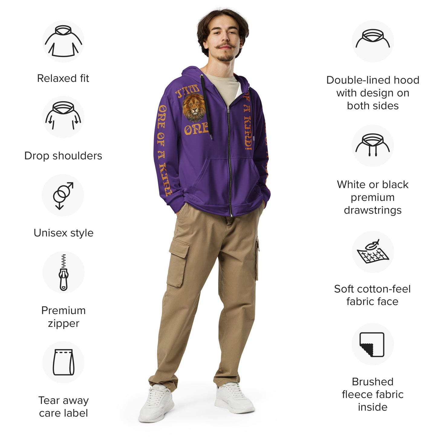 “I’AM ONE OF A KIND!"Unisex Purple Zip Hoodie W/Bronze Font
