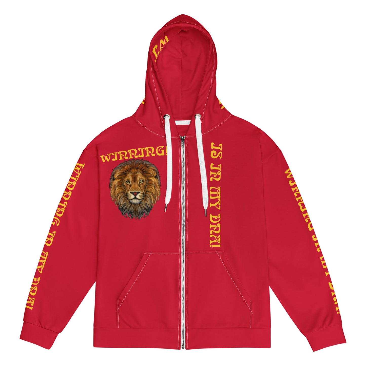 “WINNING IS IN MY DNA!”Red Unisex Zip Hoodie W/Yellow Font