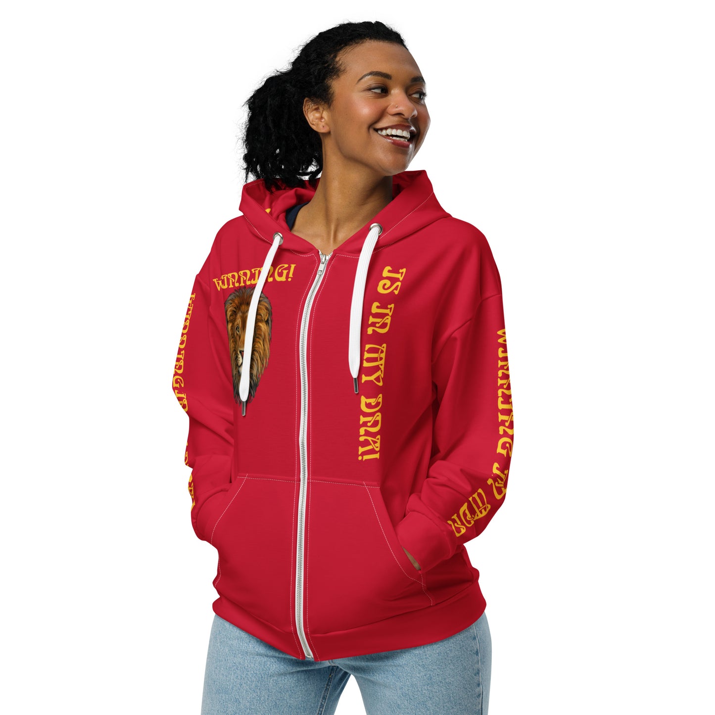 “WINNING IS IN MY DNA!”Red Unisex Zip Hoodie W/Yellow Font