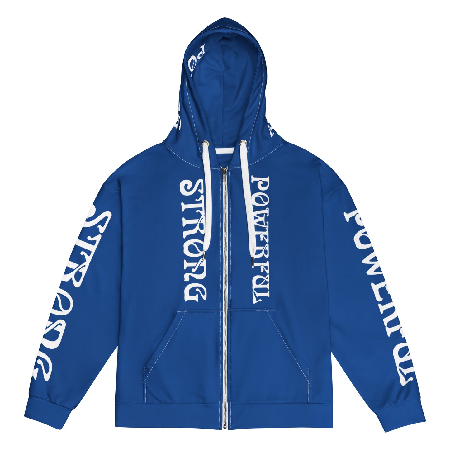 “STRONG,POWERFUL”Blue Unisex Zip Hoodie W/White Font