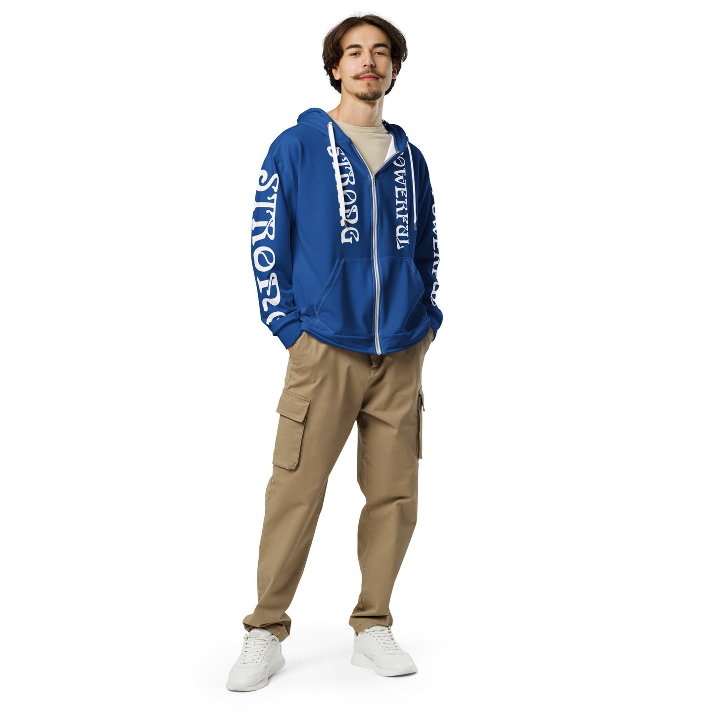 “STRONG,POWERFUL”Blue Unisex Zip Hoodie W/White Font