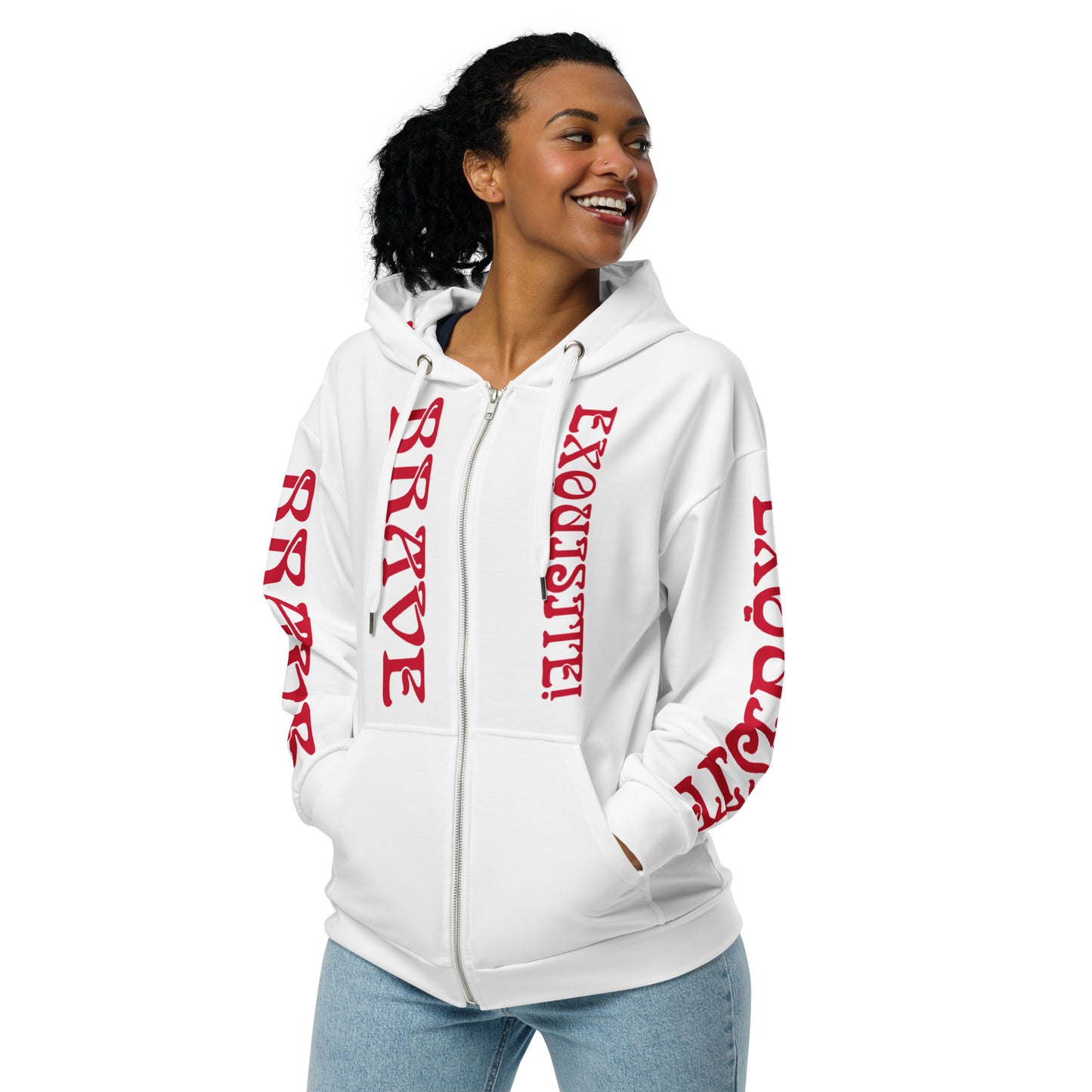“BRAVE,EXQUISITE”White Unisex Zip Hoodie W/Red Font