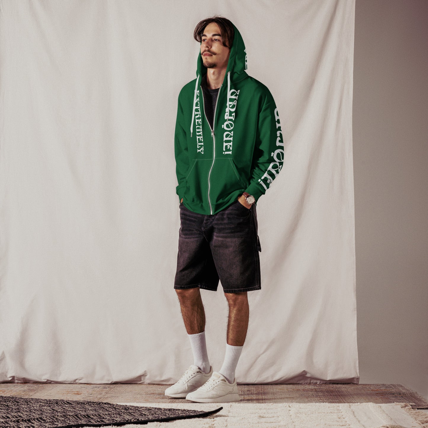 “EXTREMELY UNIQUE!”Green Unisex Zip Hoodie W/White Font