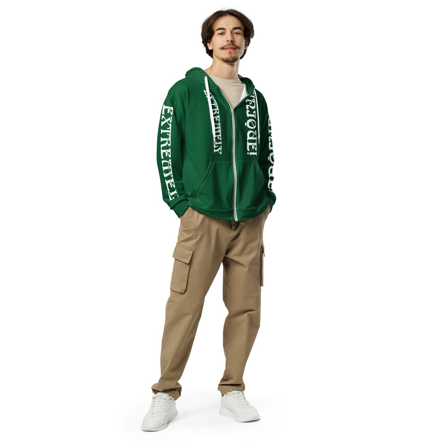 “EXTREMELY UNIQUE!”Green Unisex Zip Hoodie W/White Font