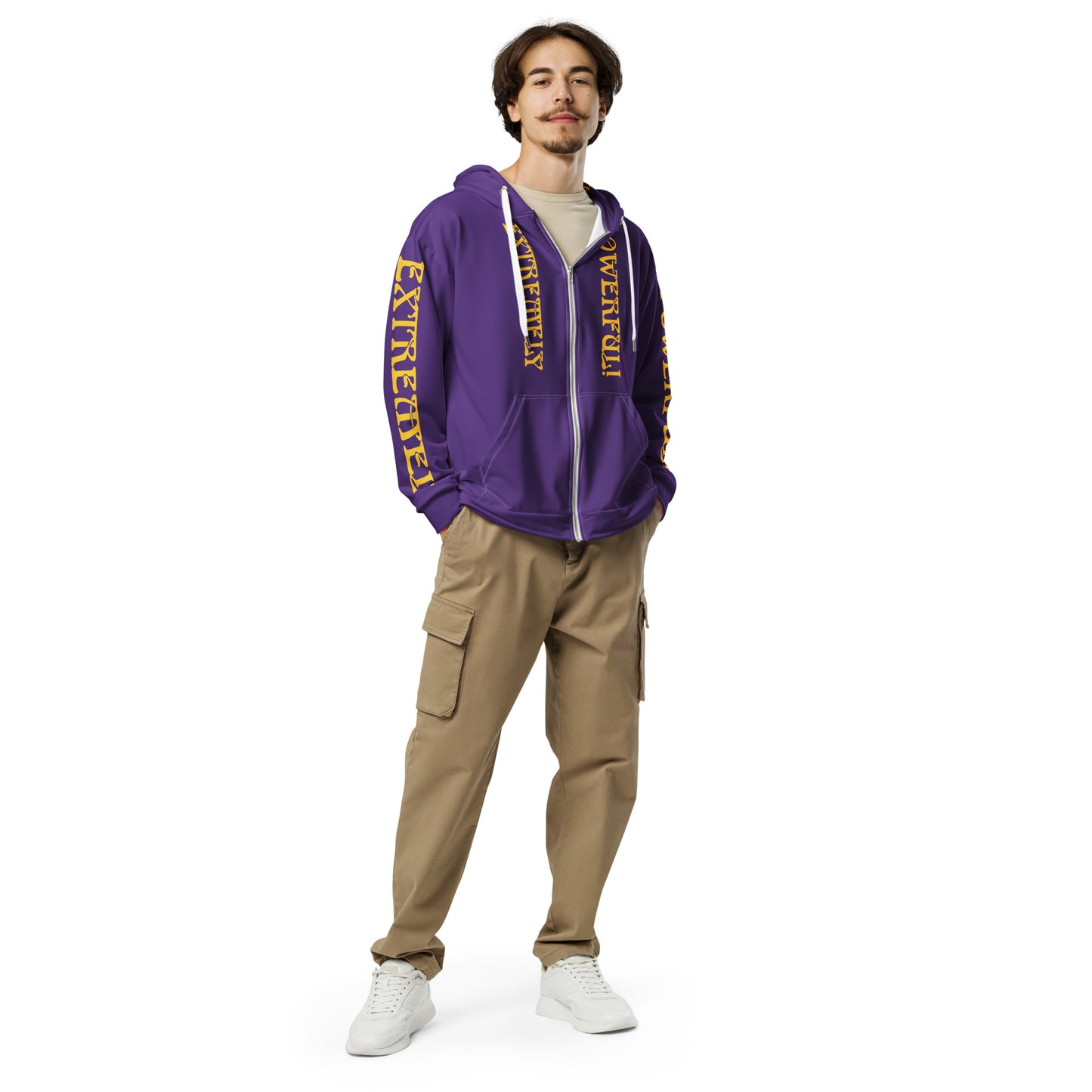 “EXTREMELY POWERFUL!”Purple Unisex Zip Hoodie W/Yellow Font