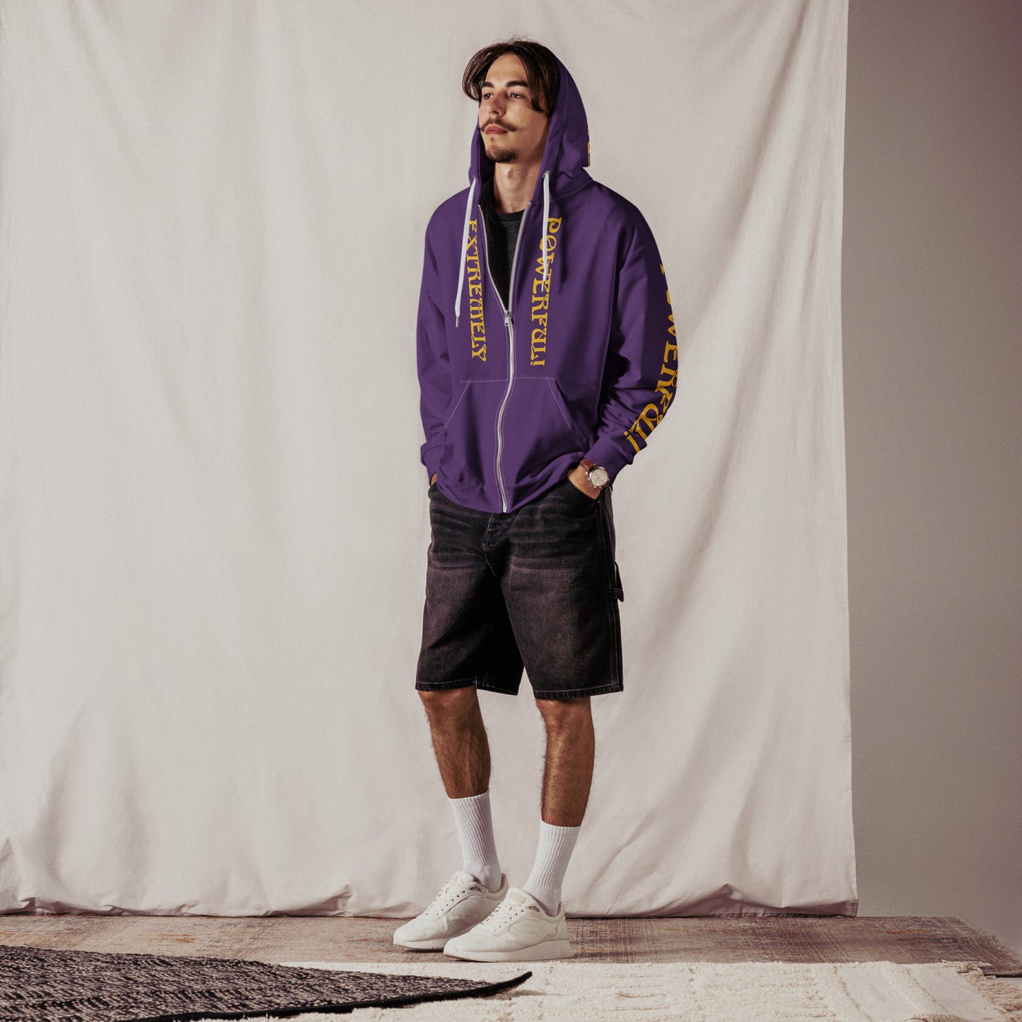 “EXTREMELY POWERFUL!”Purple Unisex Zip Hoodie W/Yellow Font
