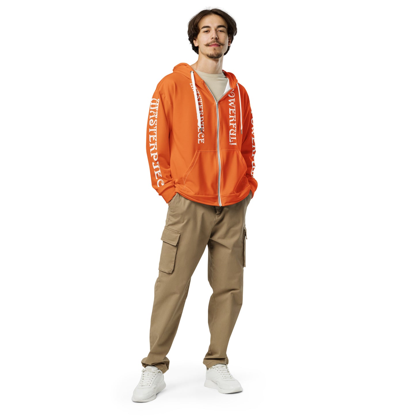 “MASTERPIECE,POWERFUL!”Orange Unisex Zip Hoodie W/White Font