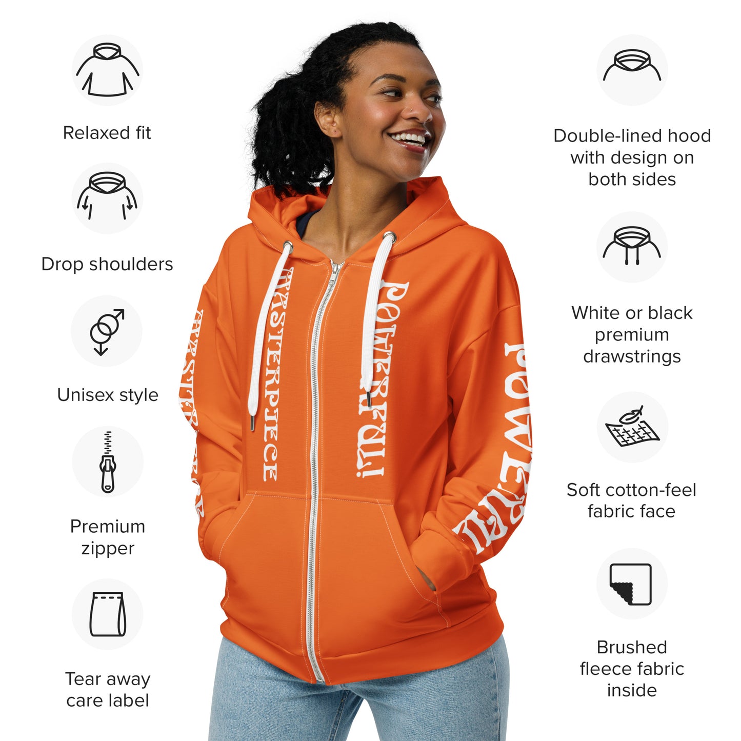 “MASTERPIECE,POWERFUL!”Orange Unisex Zip Hoodie W/White Font