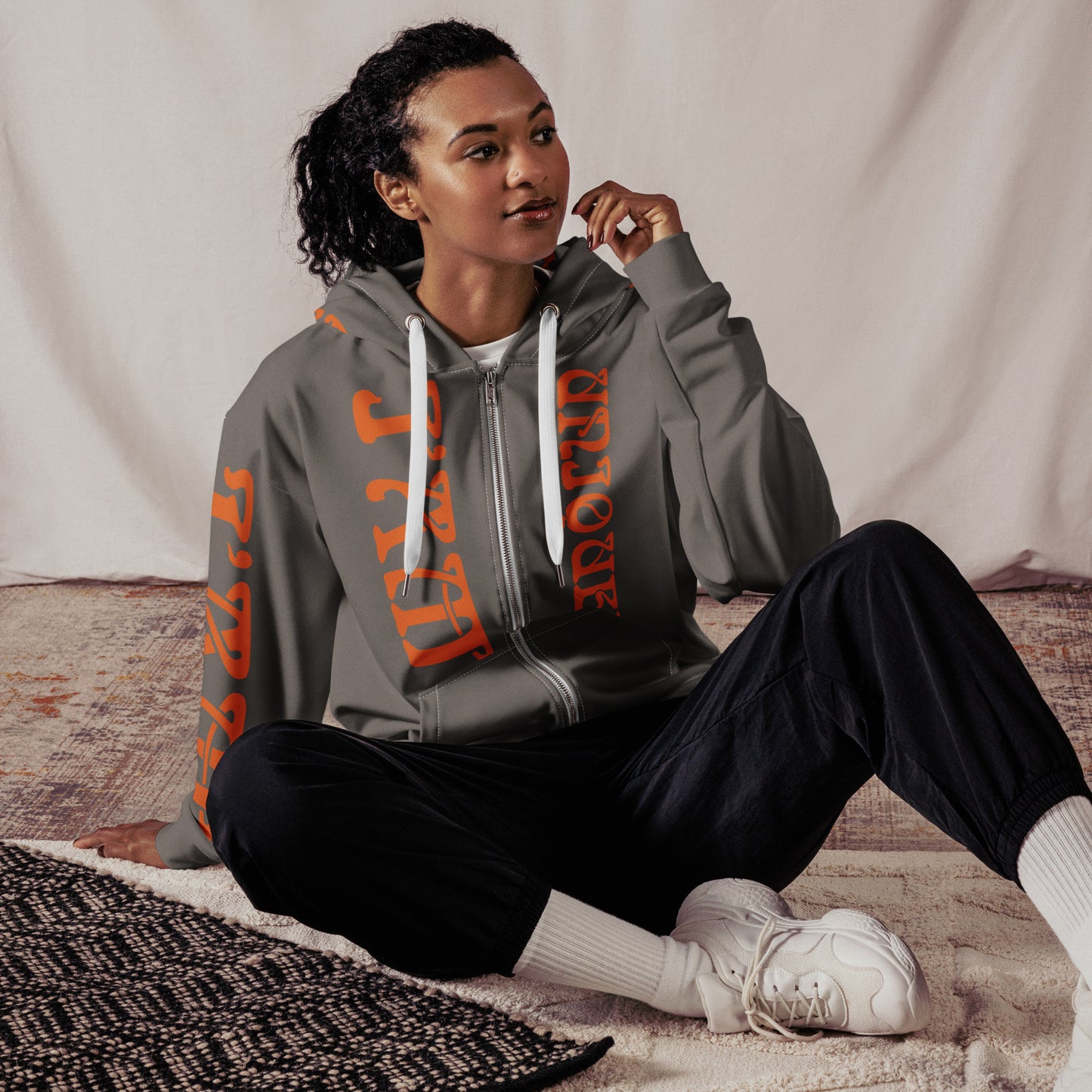 “I’AM UNIQUE!”Grey Unisex Zip Hoodie W/Orange Font