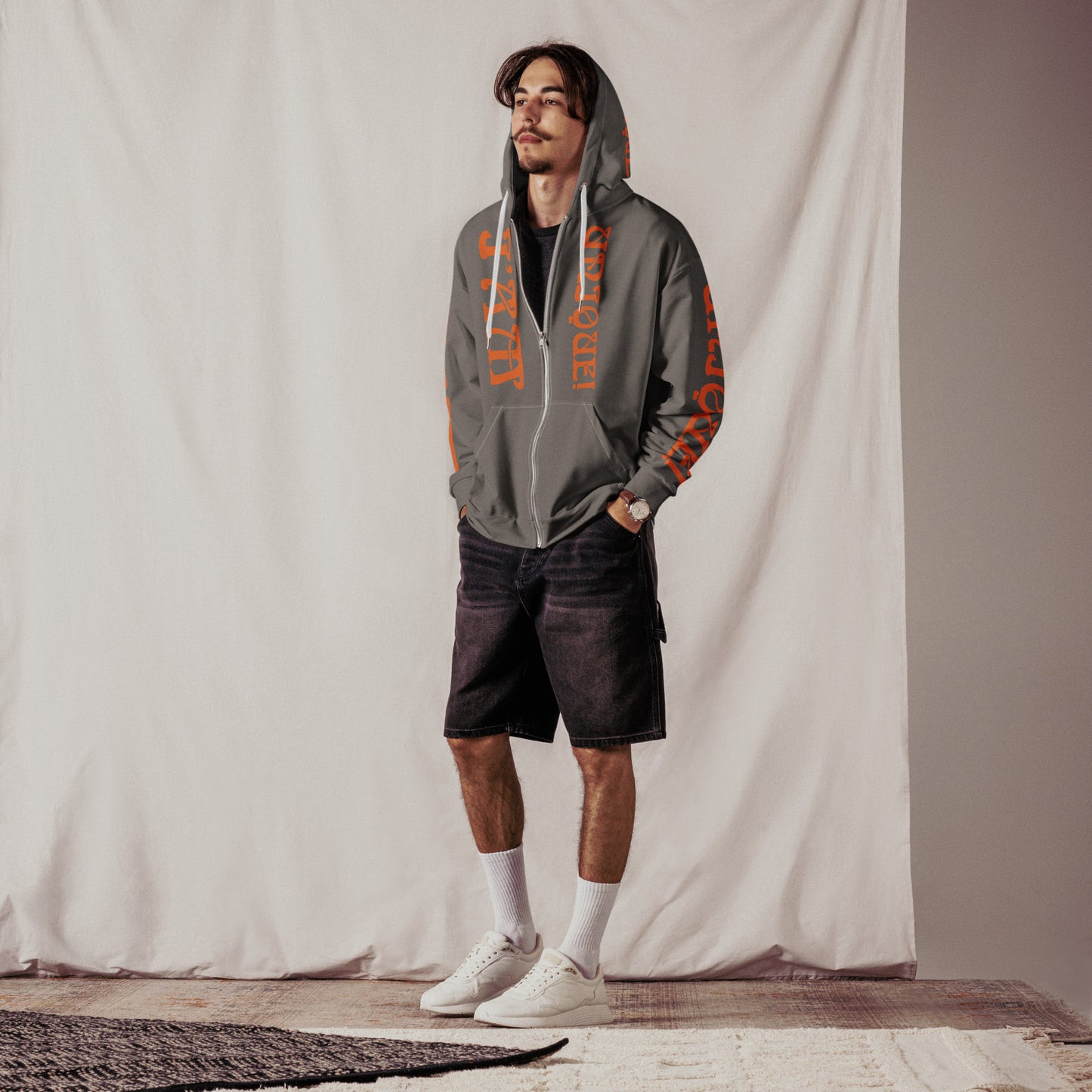 “I’AM UNIQUE!”Grey Unisex Zip Hoodie W/Orange Font