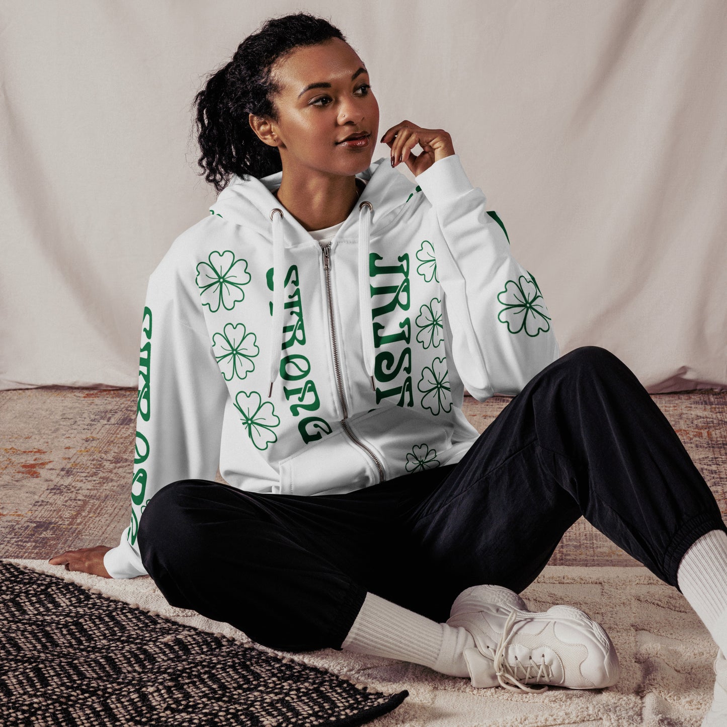 “STRONG,IRISH”White Unisex Zip Hoodie W/Green Font