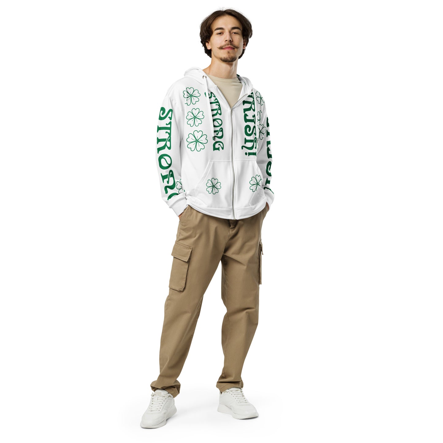 “STRONG,IRISH”White Unisex Zip Hoodie W/Green Font
