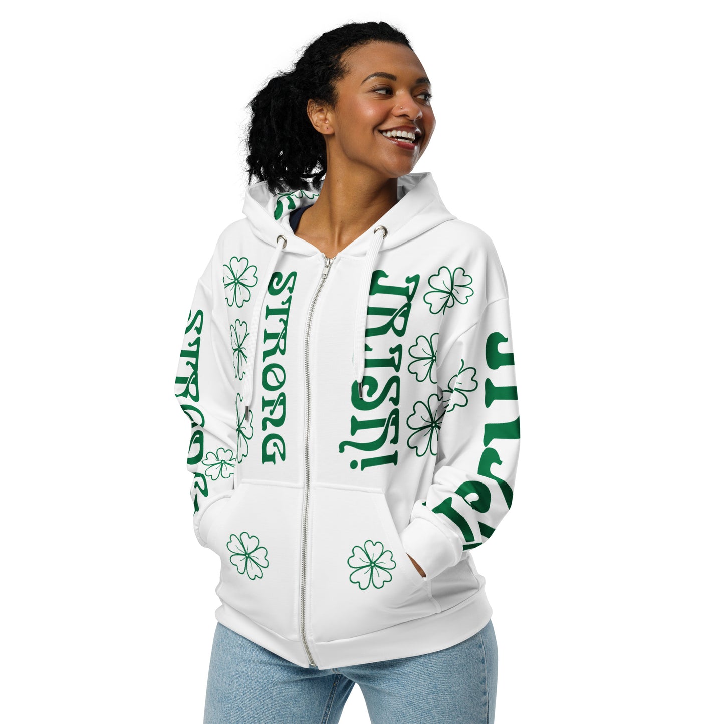 “STRONG,IRISH”White Unisex Zip Hoodie W/Green Font