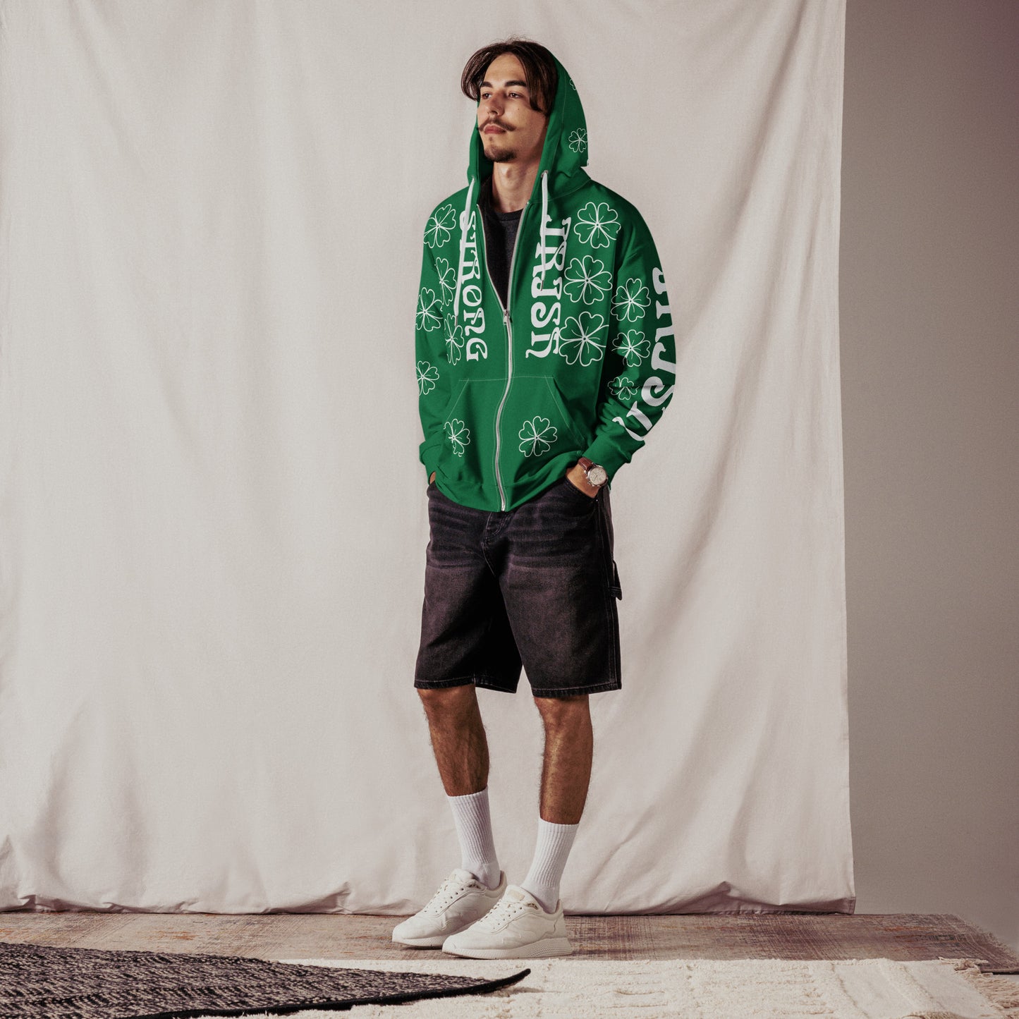 “STRONG,IRISH”Green Unisex Zip Hoodie W/White Font