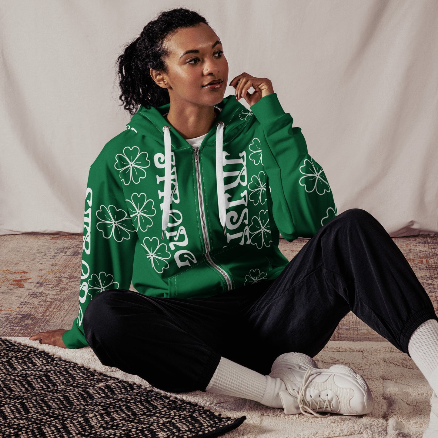 “STRONG,IRISH”Green Unisex Zip Hoodie W/White Font