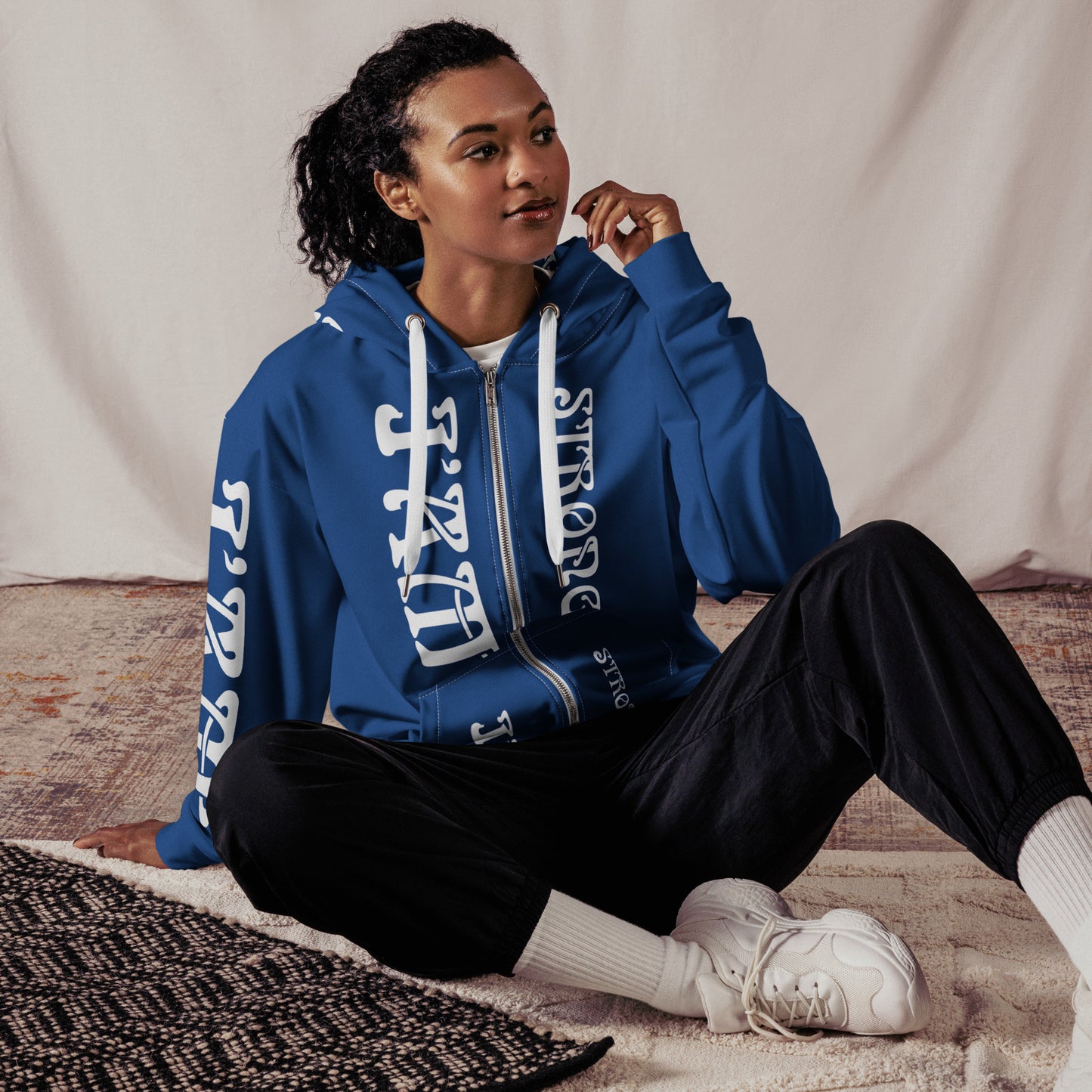 “I’AM STRONG” Blue Unisex Zip Hoodie W/White Font