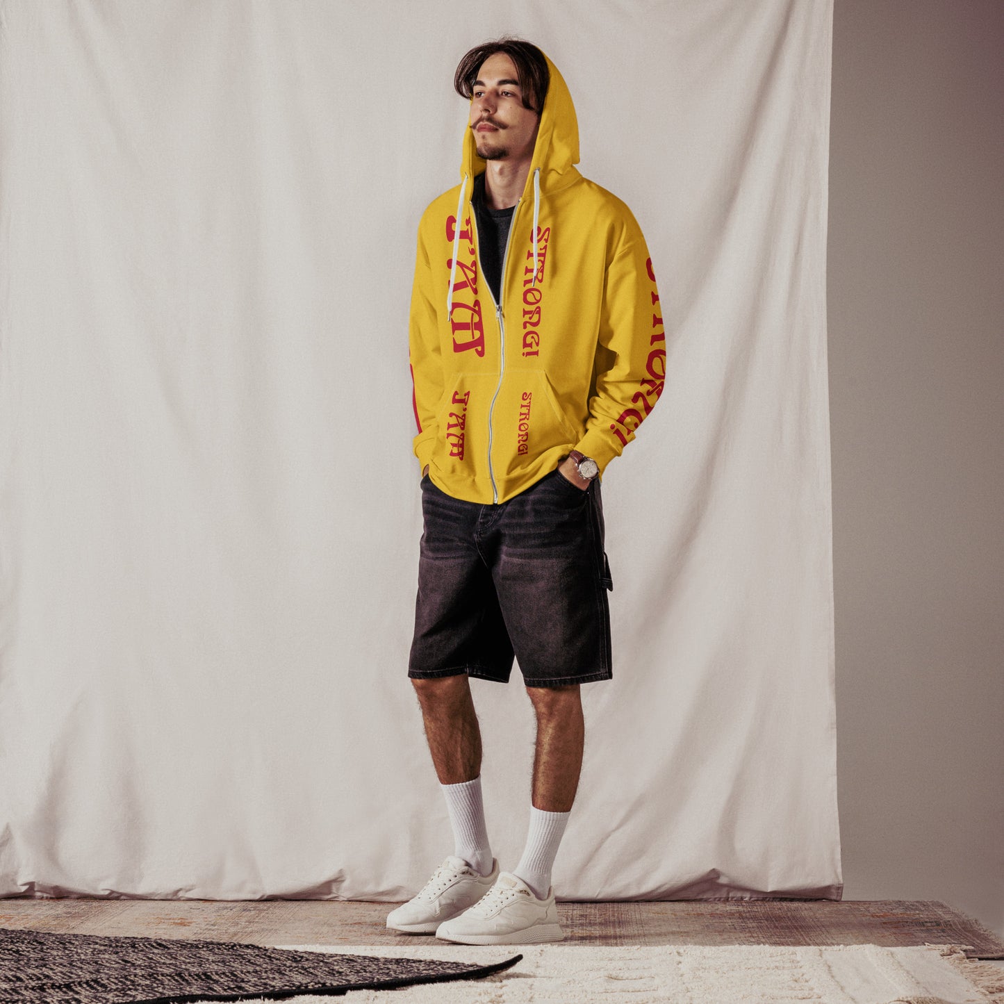 “I’AM STRONG!”Yellow Unisex Zip Hoodie W/Red Font
