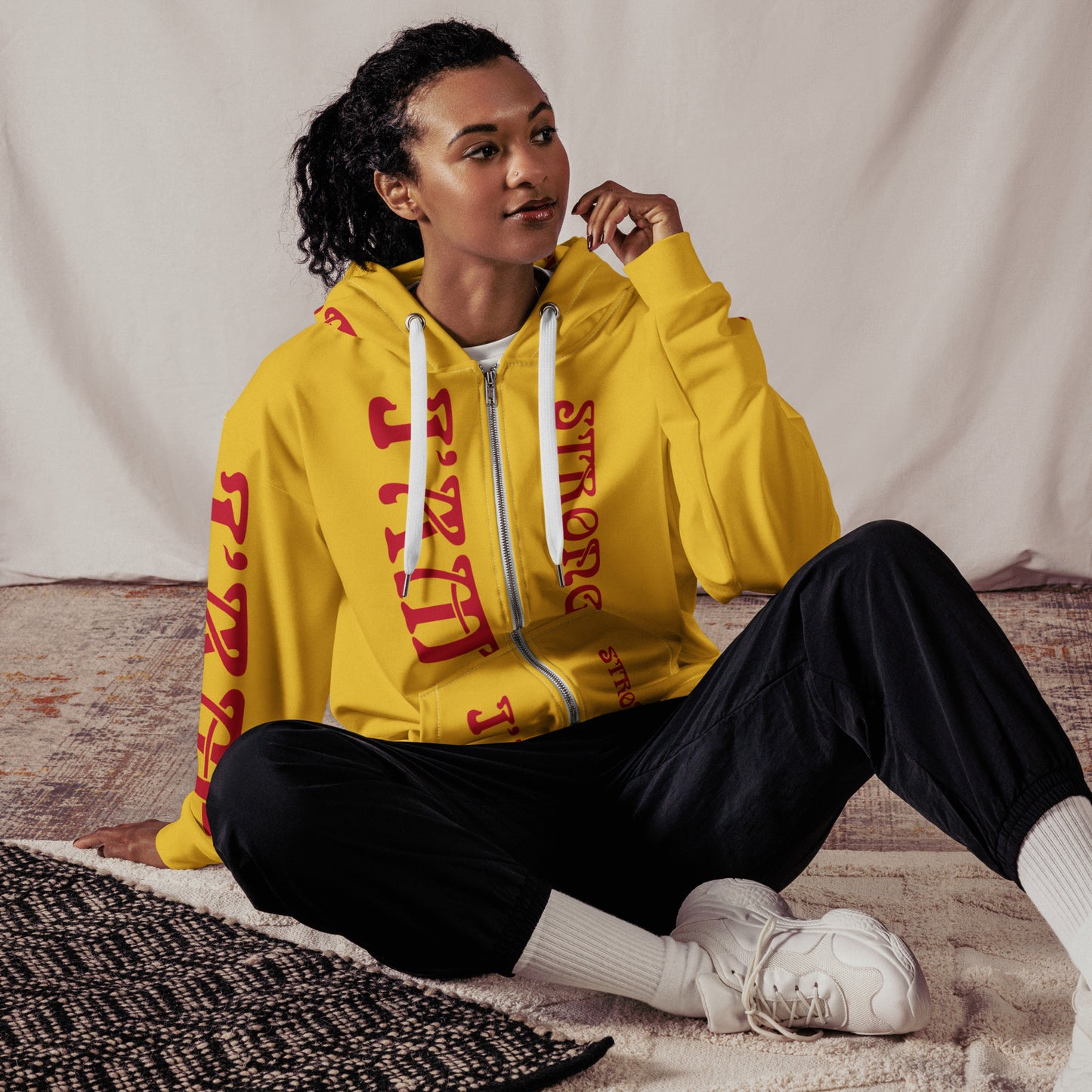 “I’AM STRONG!”Yellow Unisex Zip Hoodie W/Red Font