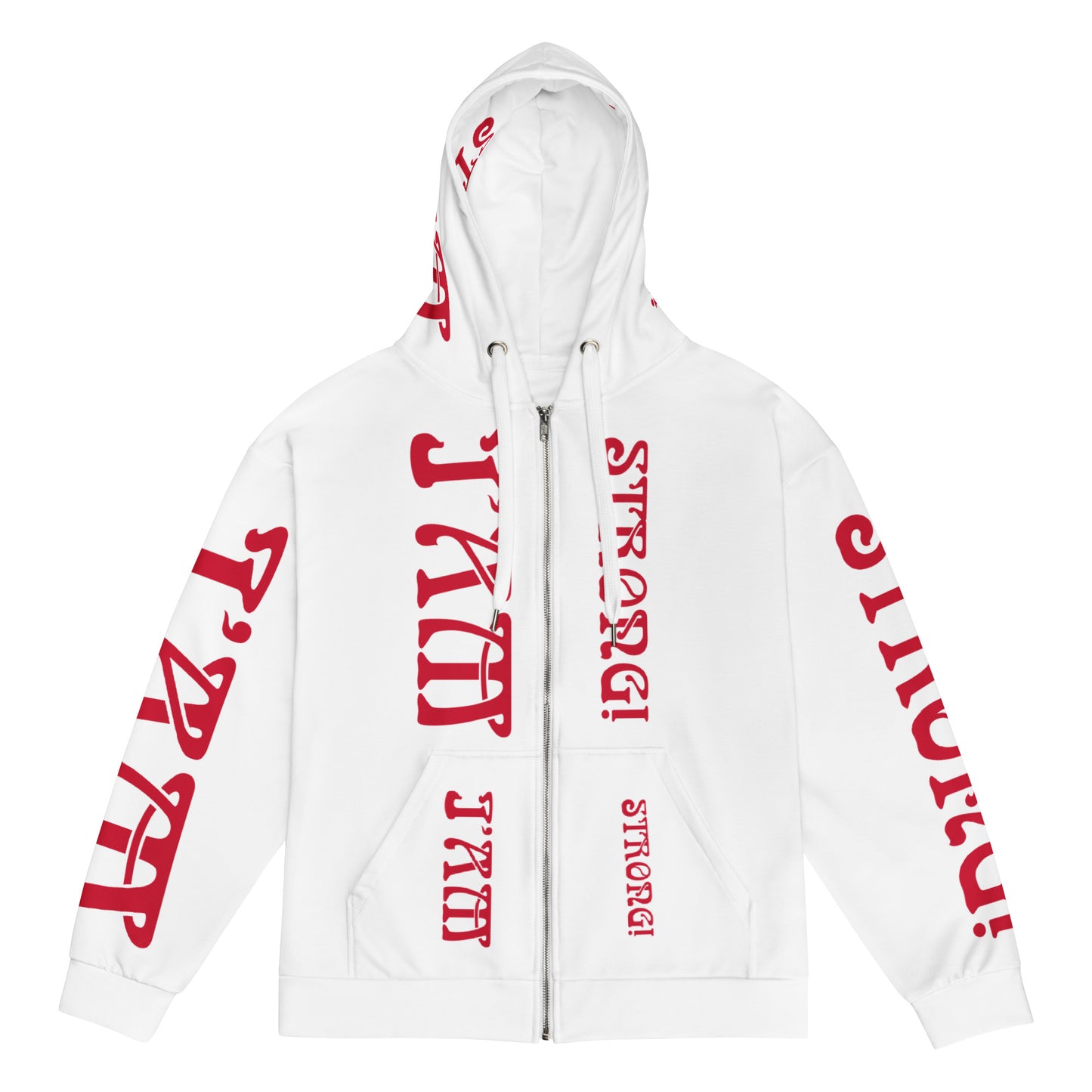“I’AM STRONG!”White Unisex Zip Hoodie W/Red Font