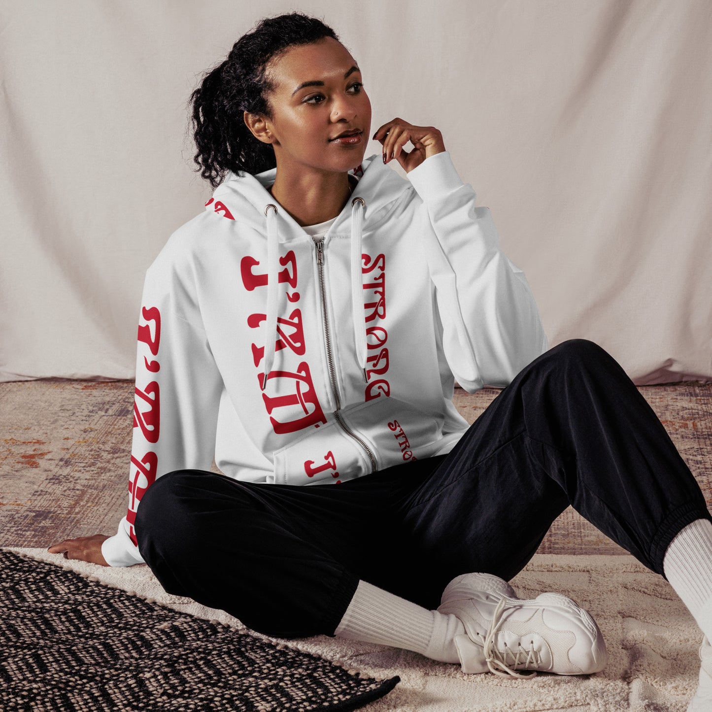 “I’AM STRONG!”White Unisex Zip Hoodie W/Red Font