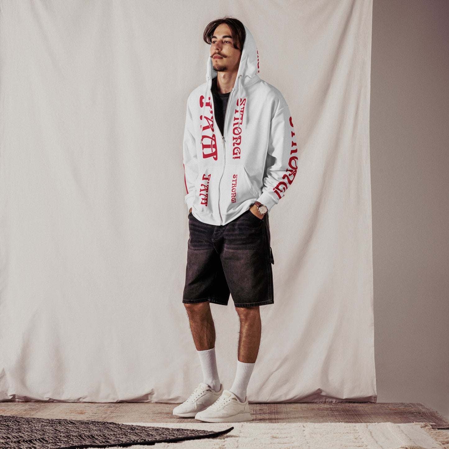 “I’AM STRONG!”White Unisex Zip Hoodie W/Red Font